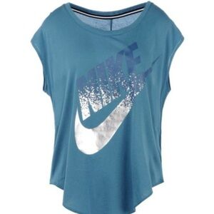 Nike Women's Teal and Silver Muscle Logo Tee XS